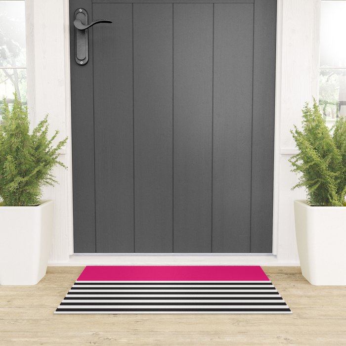 Hot Pink Magenta and Black and White Stripe Welcome Mat Gallery Image 3