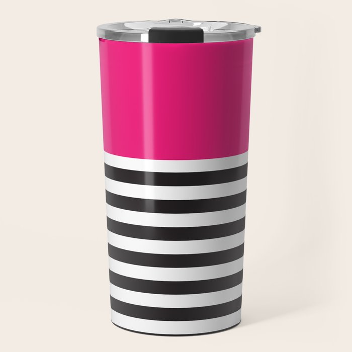 Hot Pink Magenta and Black and White Stripe Travel Mug Gallery Image 1