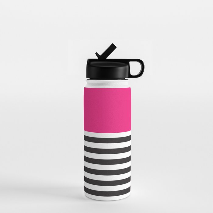 Hot Pink Magenta and Black and White Stripe Water Bottle Gallery Image 1