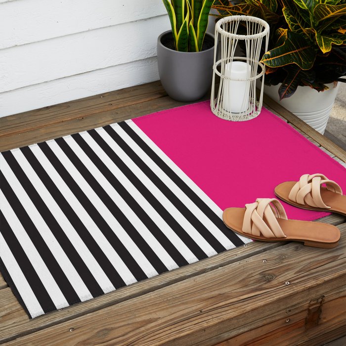 Hot Pink Magenta and Black and White Stripe Outdoor Rug Gallery Image 2