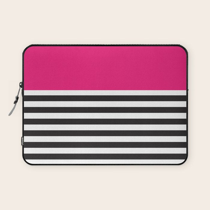 Hot Pink Magenta and Black and White Stripe Laptop Sleeve Gallery Image 1