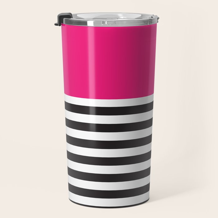 Hot Pink Magenta and Black and White Stripe Travel Mug Gallery Image 3