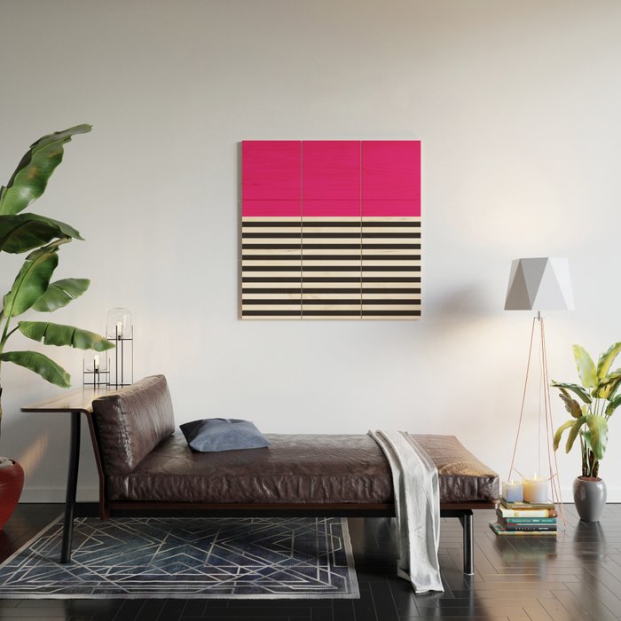 Hot Pink Magenta and Black and White Stripe Wood Wall Art Gallery Image 2