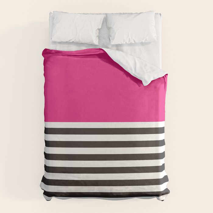 Hot Pink Magenta and Black and White Stripe Duvet Cover