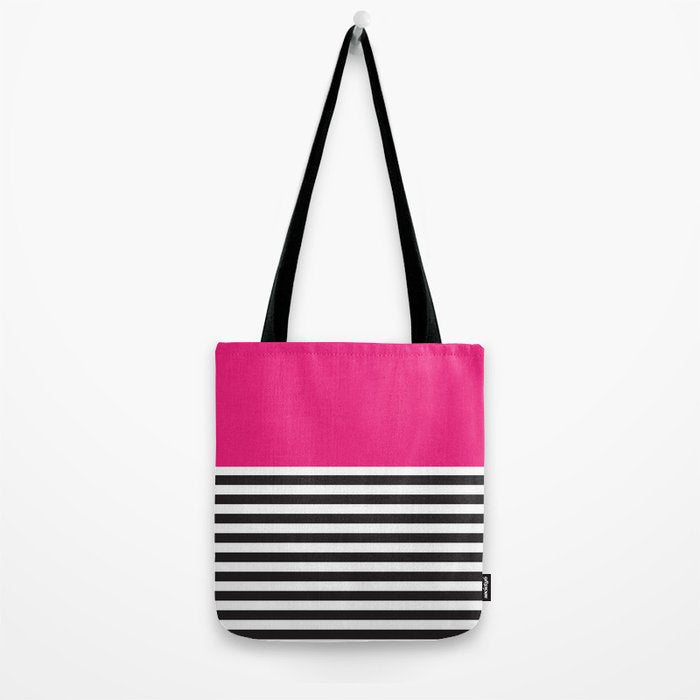 Hot Pink Magenta and Black and White Stripe Tote Bag Gallery Image 2