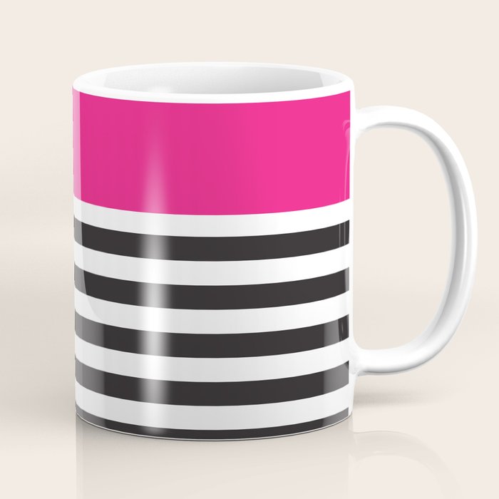 Hot Pink Magenta and Black and White Stripe Coffee Mug Gallery Image 1