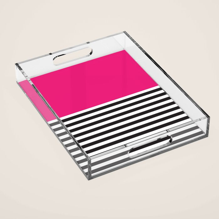 Hot Pink Magenta and Black and White Stripe Acrylic Tray Gallery Image 1
