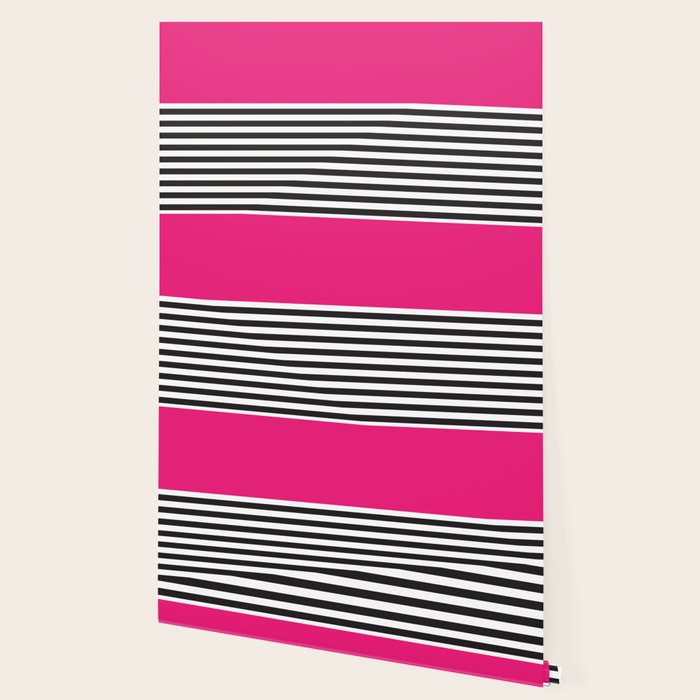 Hot Pink Magenta and Black and White Stripe Wallpaper Gallery Image 2