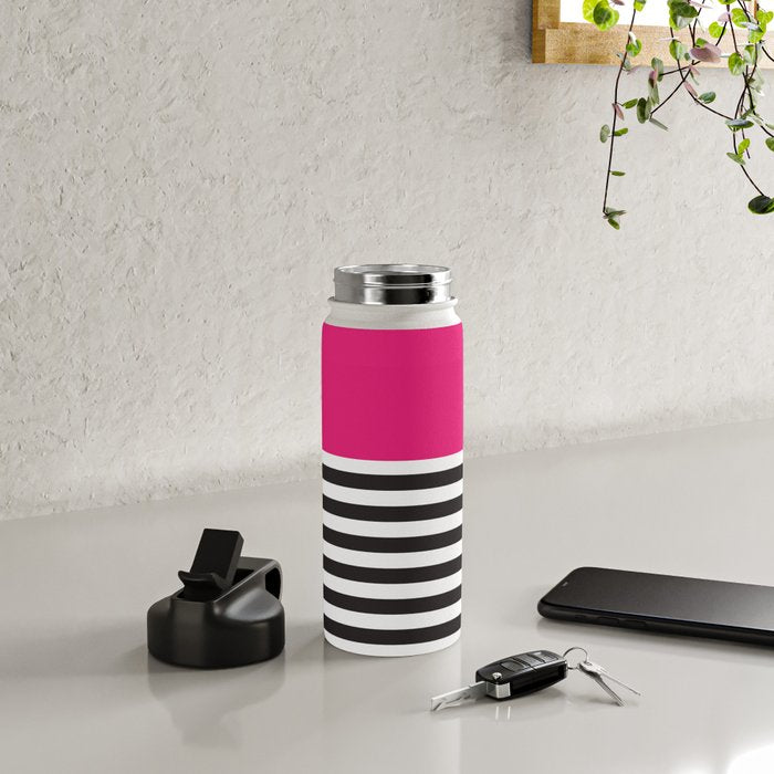 Hot Pink Magenta and Black and White Stripe Water Bottle Gallery Image 4