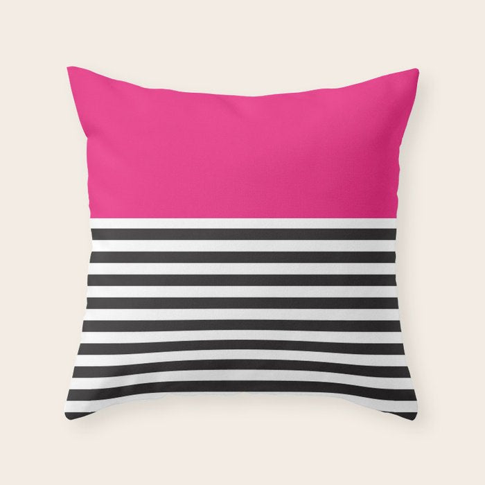 Hot Pink Magenta and Black and White Stripe Throw Pillow Gallery Image 1
