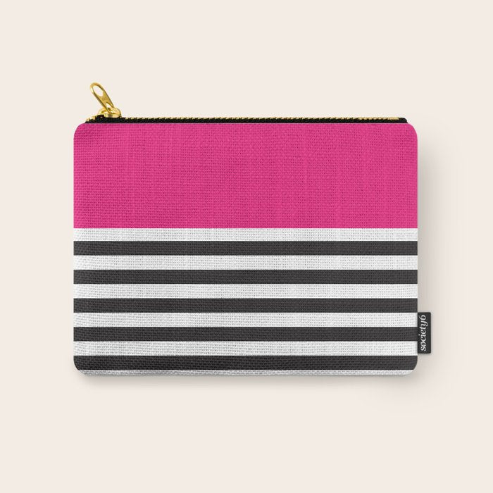 Hot Pink Magenta and Black and White Stripe Carry All Pouch Gallery Image 1