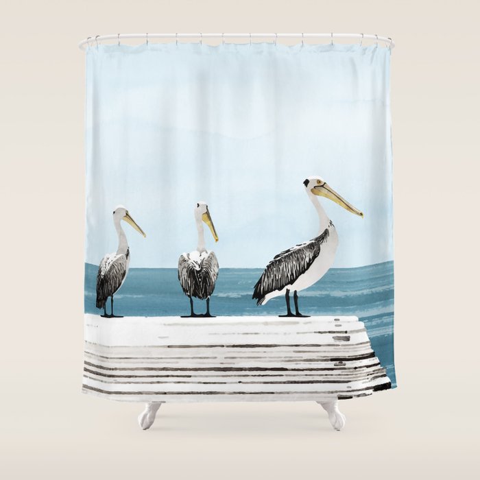 Pelicans on a Pier Watercolor Illustration Shower Curtain Gallery Image 1
