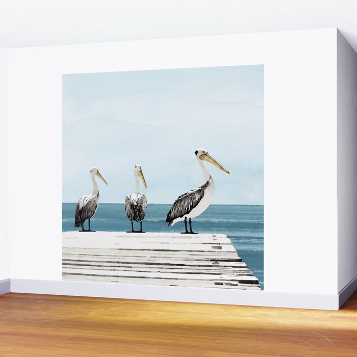 Pelicans on a Pier Watercolor Illustration Wall Mural Gallery Image 2