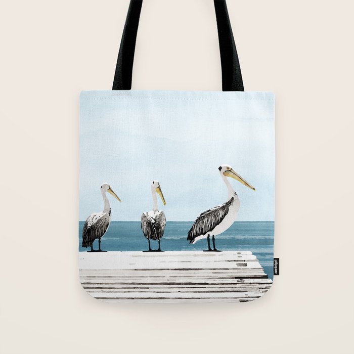 Pelicans on a Pier Watercolor Illustration Tote Bag Gallery Image 1