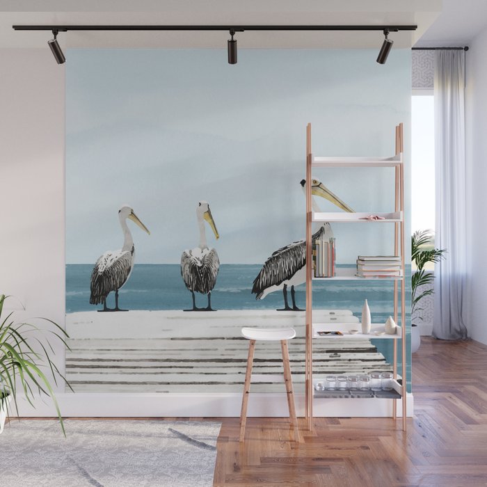 Pelicans on a Pier Watercolor Illustration Wall Mural Gallery Image 1