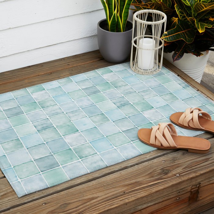 Sea Glass Tiles Watercolor Outdoor Rug Gallery Image 2