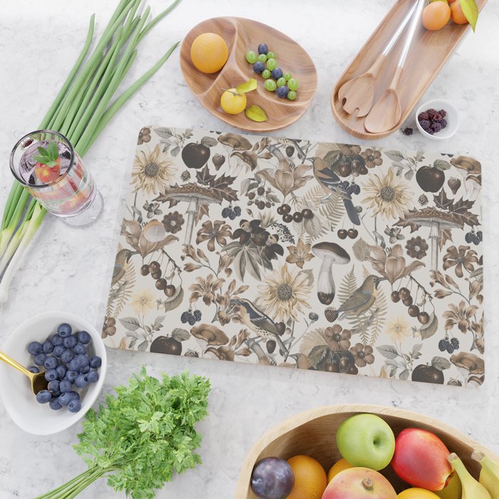 Autumn Garden With Birds In Warm Fall Colors Cutting Board Gallery Image 2