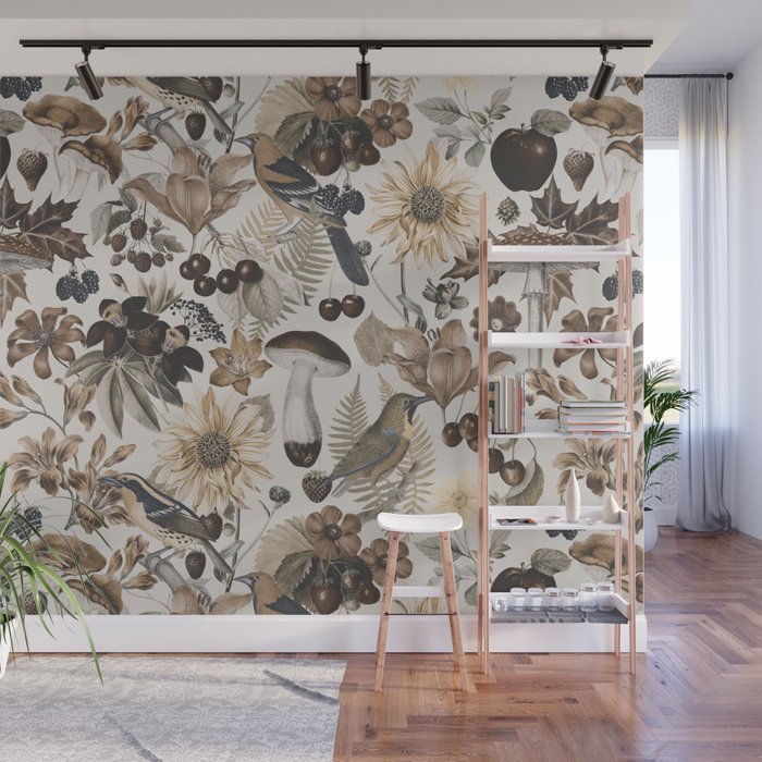 Autumn Garden With Birds In Warm Fall Colors Wall Mural Gallery Image 1