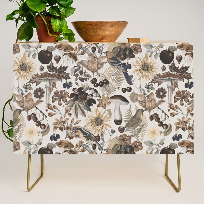 Autumn Garden With Birds In Warm Fall Colors Credenza Gallery Image 1