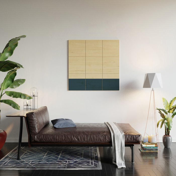 Minimalist Color Block Solid in Cream Beige and Navy Blue Wood Wall Art Gallery Image 2