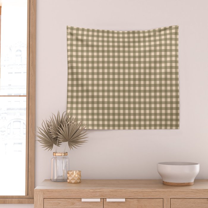 Gingham Plaid Olive Vintage Green Wall Tapestry Gallery Image 2