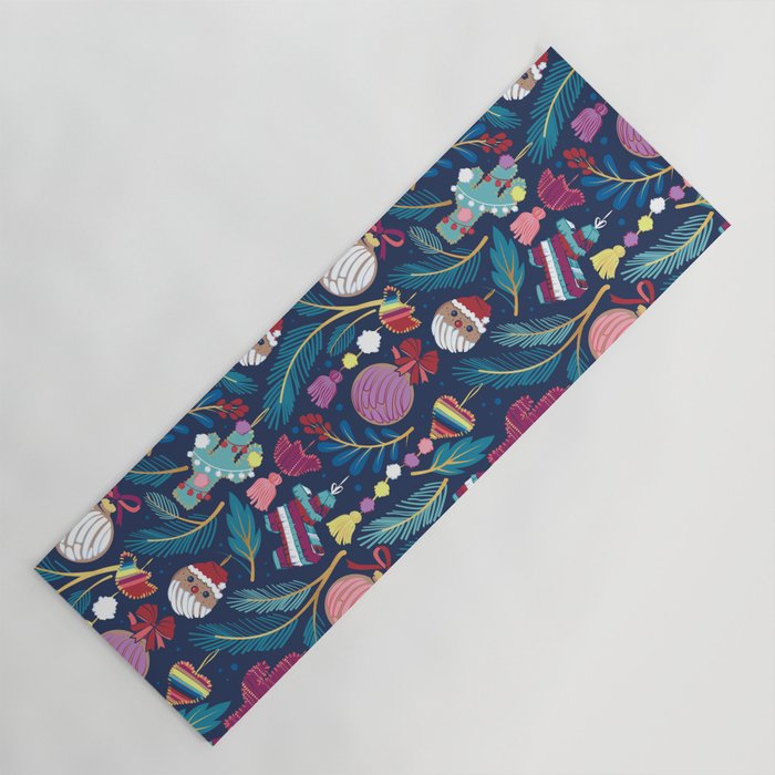 Mexican Christmas Tree // blue background blue pine leaves multicoloured holiday decorations pan dulce balls cacti hearts birds pom-pom garland pinatas santa claus conchas donuts Yoga Mat Gallery Image 1