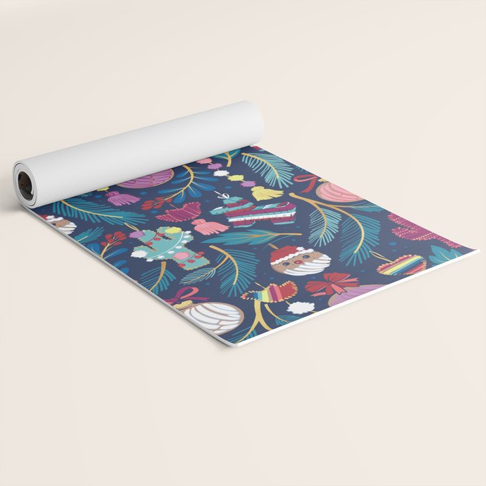 Mexican Christmas Tree // blue background blue pine leaves multicoloured holiday decorations pan dulce balls cacti hearts birds pom-pom garland pinatas santa claus conchas donuts Yoga Mat Gallery Image 2