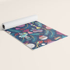Mexican Christmas Tree // blue background blue pine leaves multicoloured holiday decorations pan dulce balls cacti hearts birds pom-pom garland pinatas santa claus conchas donuts Yoga Mat Gallery Image 2