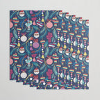 Mexican Christmas Tree // blue background blue pine leaves multicoloured holiday decorations pan dulce balls cacti hearts birds pom-pom garland pinatas santa claus conchas donuts Wrapping Paper Gallery Image 3