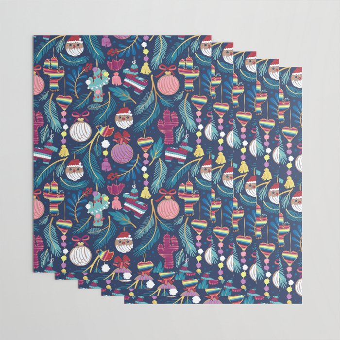 Mexican Christmas Tree // blue background blue pine leaves multicoloured holiday decorations pan dulce balls cacti hearts birds pom-pom garland pinatas santa claus conchas donuts Wrapping Paper Gallery Image 3