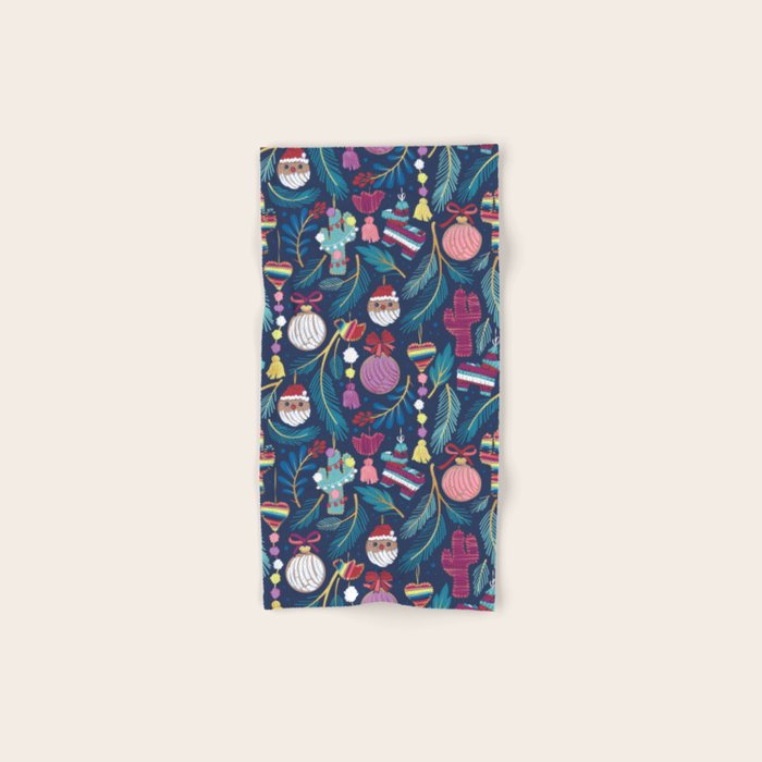 Mexican Christmas Tree // blue background blue pine leaves multicoloured holiday decorations pan dulce balls cacti hearts birds pom-pom garland pinatas santa claus conchas donuts Bath Towel Gallery Image 1