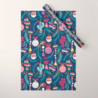 Mexican Christmas Tree // blue background blue pine leaves multicoloured holiday decorations pan dulce balls cacti hearts birds pom-pom garland pinatas santa claus conchas donuts Wrapping Paper Gallery Image 1