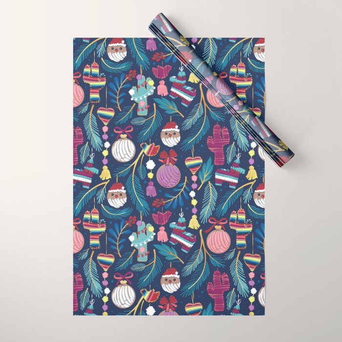 Mexican Christmas Tree // blue background blue pine leaves multicoloured holiday decorations pan dulce balls cacti hearts birds pom-pom garland pinatas santa claus conchas donuts Wrapping Paper Gallery Image 1