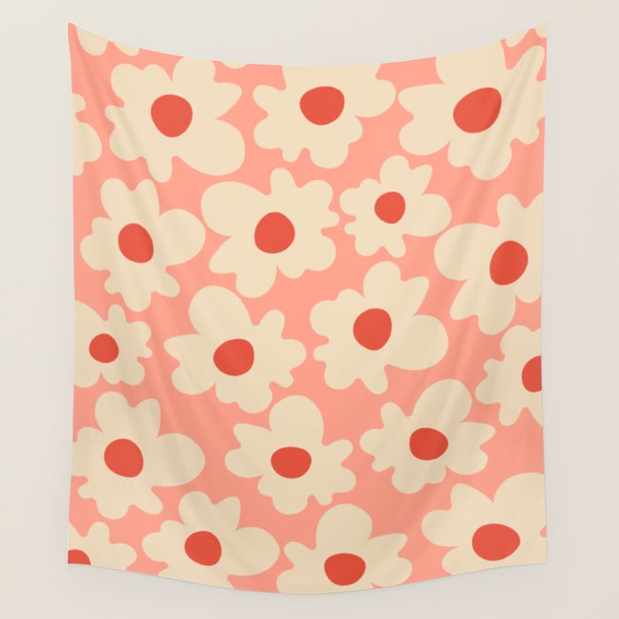 Abstract Flower Shape - Peach, Red and Cream Wall Tapestry Gallery Image 1