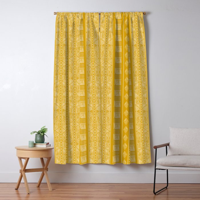 Mustard Yellow Tribal Ethnic Pattern | Sun Illustration | Vertical Stripes Window Curtain