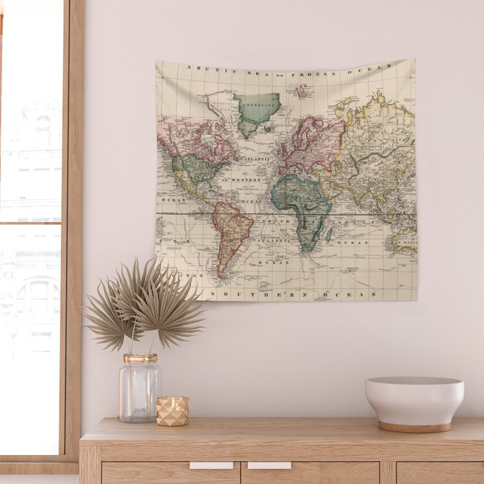 Vintage Map of The World (1833) Wall Tapestry Gallery Image 2