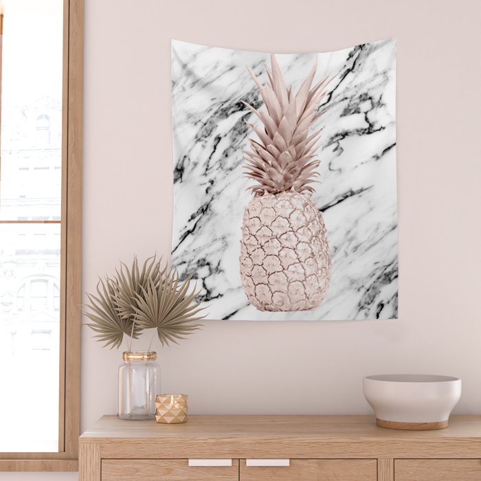 Rose Gold Pineapple on Black and White Marble Wall Tapestry Gallery Image 2