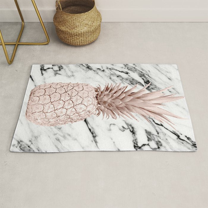 Rose Gold Pineapple on Black and White Marble Rug Gallery Image 1