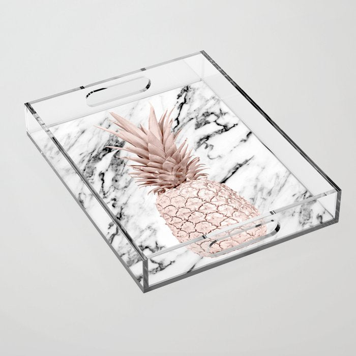 Rose Gold Pineapple on Black and White Marble Acrylic Tray Gallery Image 1