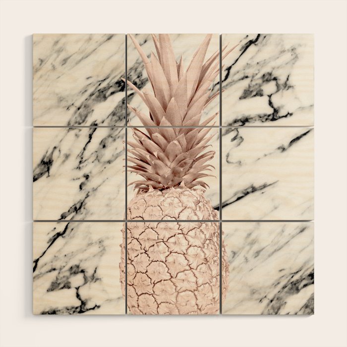 Rose Gold Pineapple on Black and White Marble Wood Wall Art Gallery Image 1