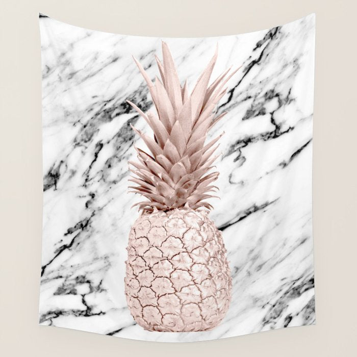 Rose Gold Pineapple on Black and White Marble Wall Tapestry Gallery Image 4