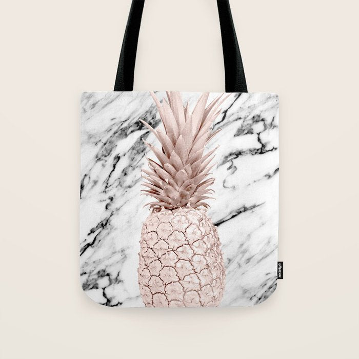 Rose Gold Pineapple on Black and White Marble Tote Bag Gallery Image 1