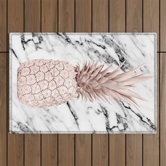 Rose Gold Pineapple on Black and White Marble Outdoor Rug Gallery Image 1