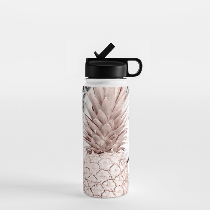 Rose Gold Pineapple on Black and White Marble Water Bottle Gallery Image 1