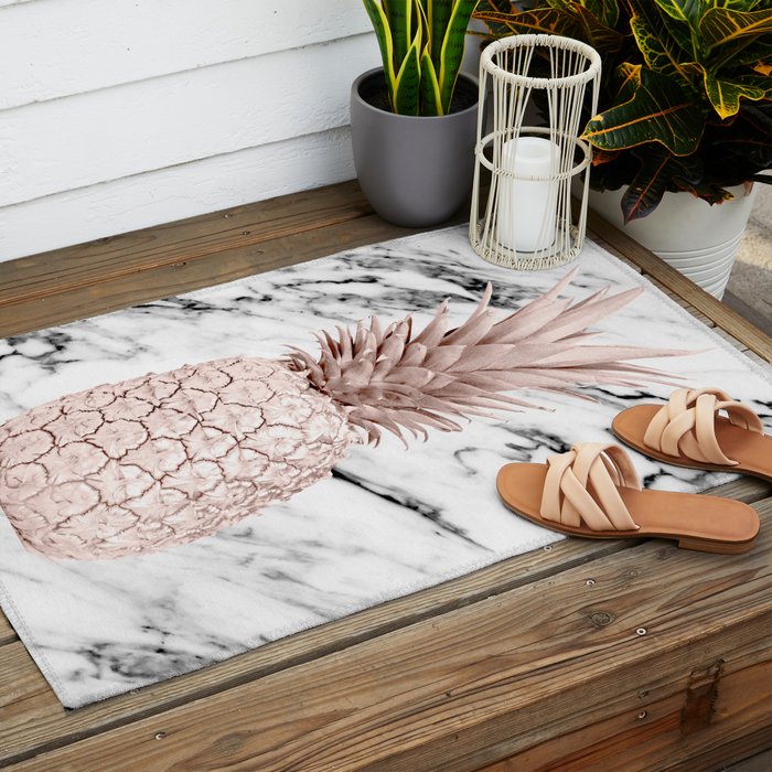 Rose Gold Pineapple on Black and White Marble Outdoor Rug Gallery Image 2