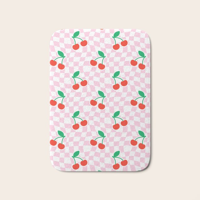 Cute pink cherry fruit checkered pattern Bath Mat Gallery Image 1