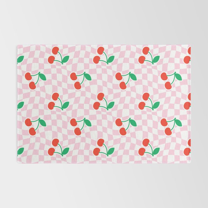 Cute pink cherry fruit checkered pattern Rug Gallery Image 2