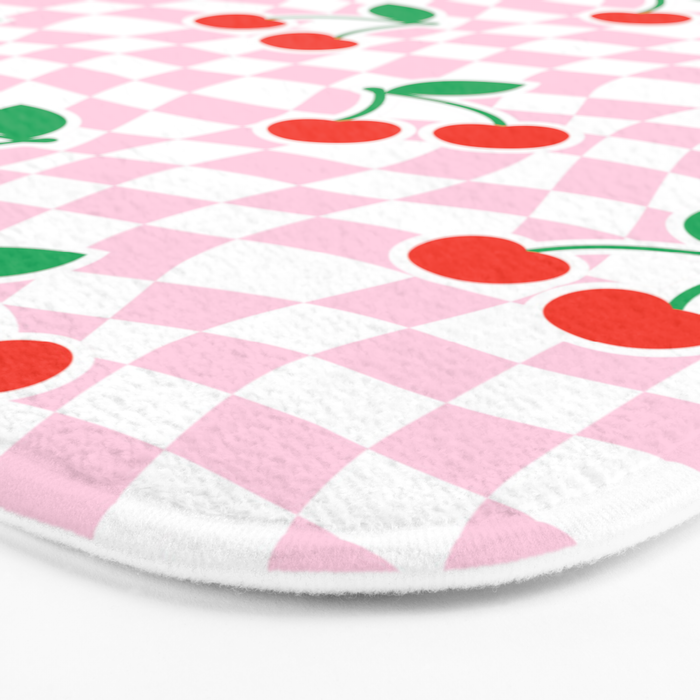Cute pink cherry fruit checkered pattern Bath Mat Gallery Image 3
