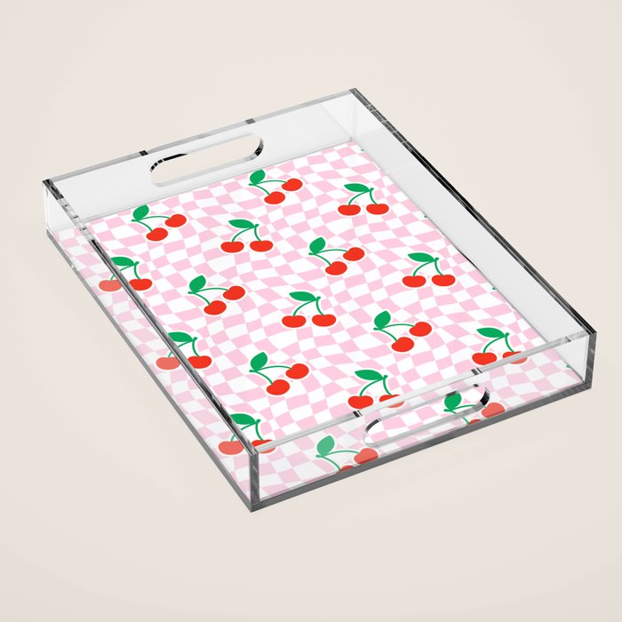 Cute pink cherry fruit checkered pattern Acrylic Tray Gallery Image 1