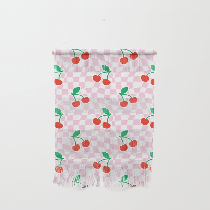 Cute pink cherry fruit checkered pattern Wall Hanging Gallery Image 1